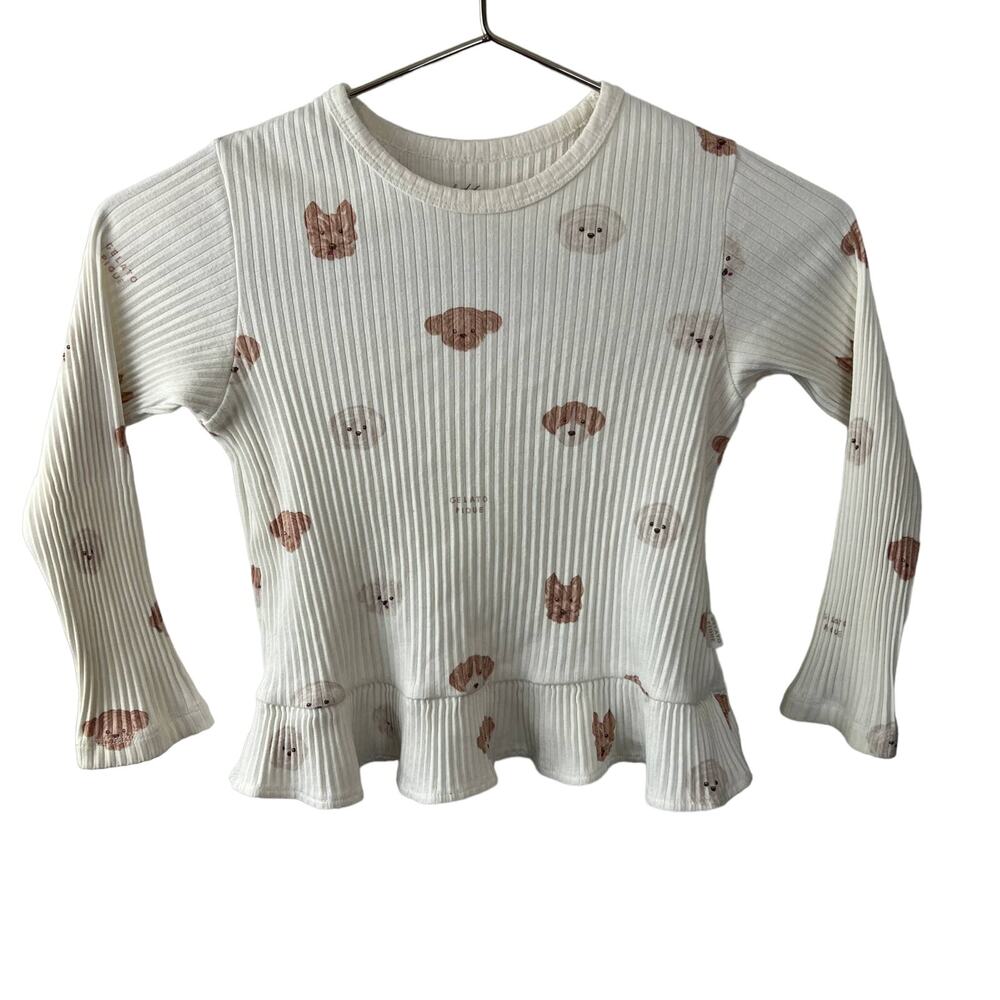 Gelato Pique White Dog Printed Long Sleeve Ruffle Hem Knit Top Ribbed Kids S